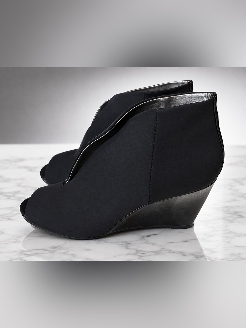 SZ7.5 Black Satin Bandolino Wedge Heel. Gentle wear.